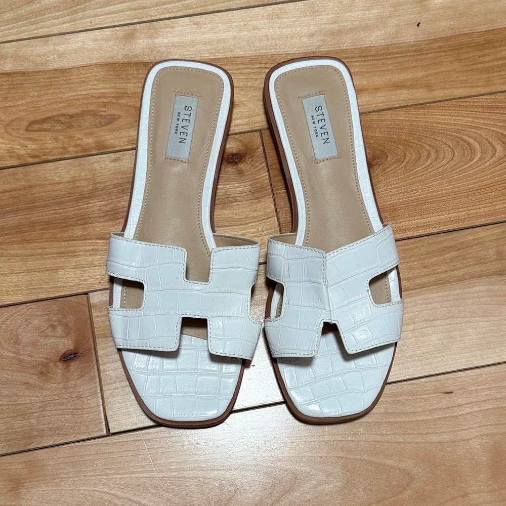 Steven By Steve Madden White Croc-Embossed Slide Sandals